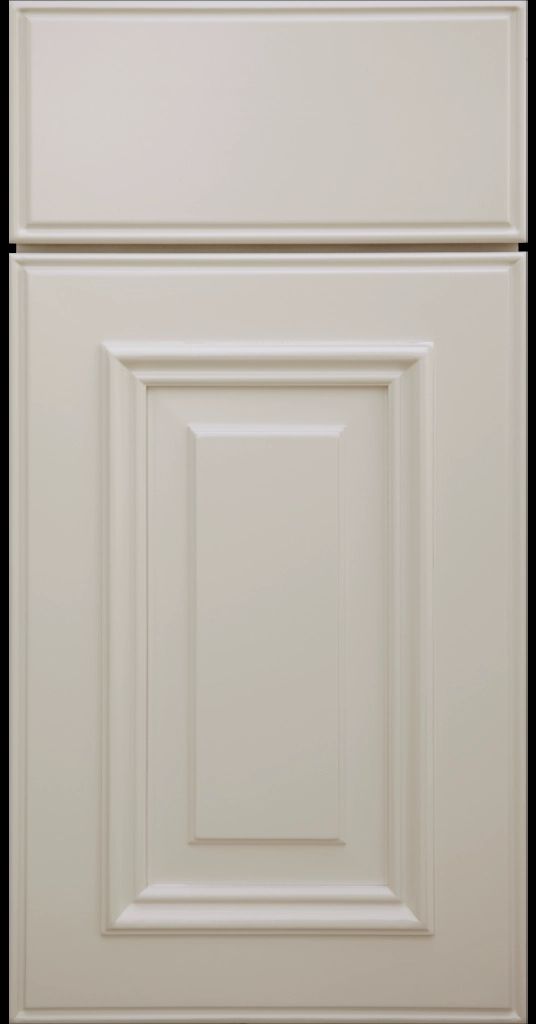Custom Gray Anderson Raised Panel Kitchen Cabinet Door and matching Slab Drawer Front.